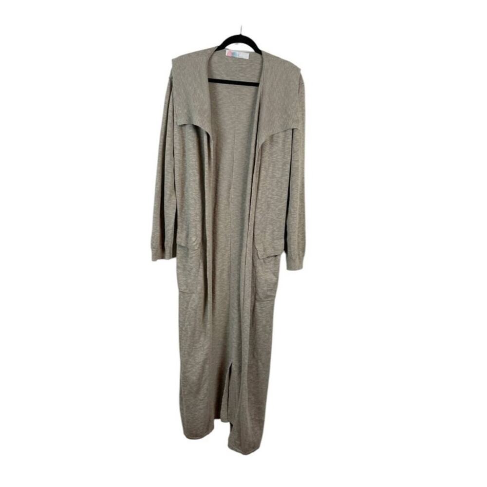 Free People Beach Cardigan Medium Green Longline Belted Pockets COTTON BLEND